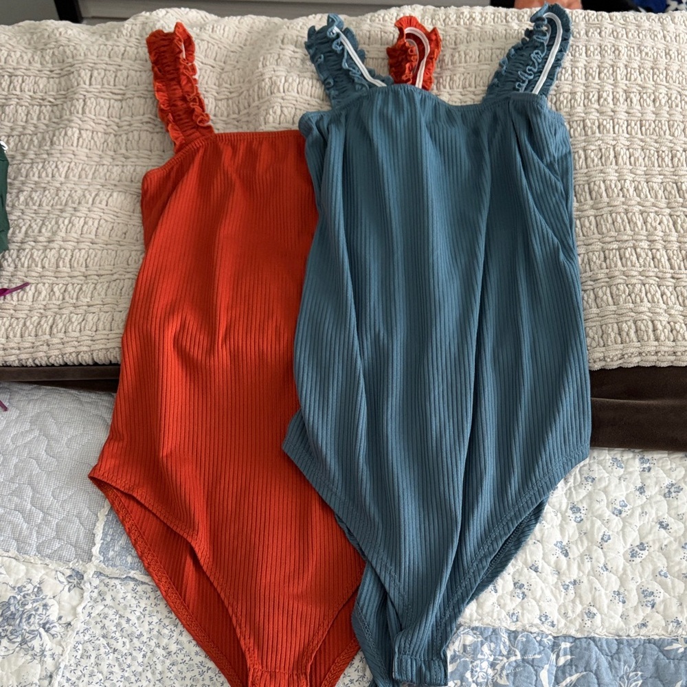 Ribbed One-Piece Swimsuits - Teal & Coral